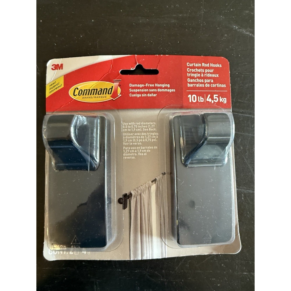NEW 3M Command Matte Black 10 lb Removable Wall Mount Curtain Rod Hooks / 2 Pack
